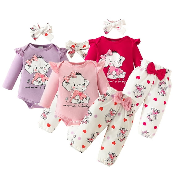 Esaierr 3PCS Newborn Toddler Baby Girls Fall Winter Outfits 0-18M Ruffle Long Sleeve Elephant Jumpsuit  Bowknot Printed Long Pants  Bowknot Head Cover Set