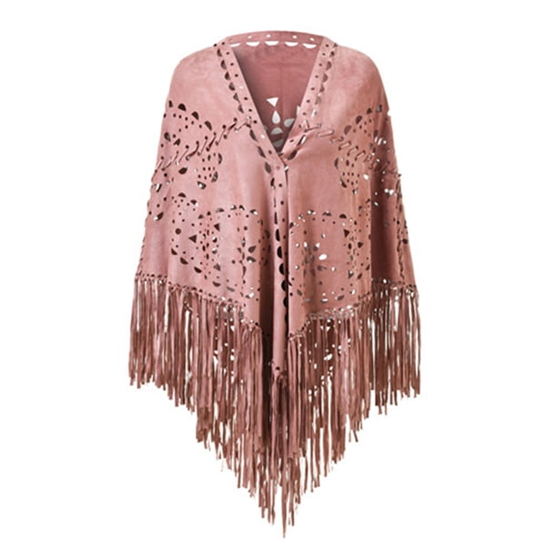 Bufanda poncho abierta con flecos de ante para mujer - Estampado perforado, poliéster, talla única - 190 cm de largo
