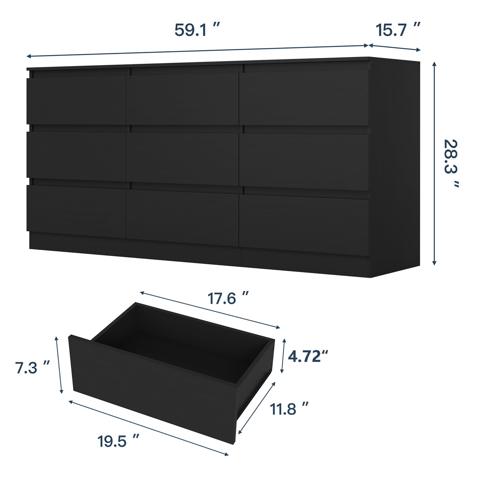 Hommoo Black 9 Drawer Dresser, Wood Modern Storage Cabinet Dresser Organizer, Chest of Drawers for Living Room, Closet, Hallway, Nursery