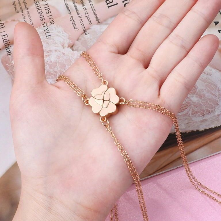 AOOOWER 4 Piece Four Leaf Clover Stitching Necklace Magnet Stone BFF  Friendship Heart Pendant Chain Choker Necklace Jewelry 