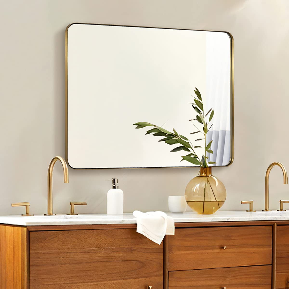 ANDY STAR 30"x40"Gold Bathroom Mirror for Wall, Brushed Brass Metal Rounded Corner Rectangle