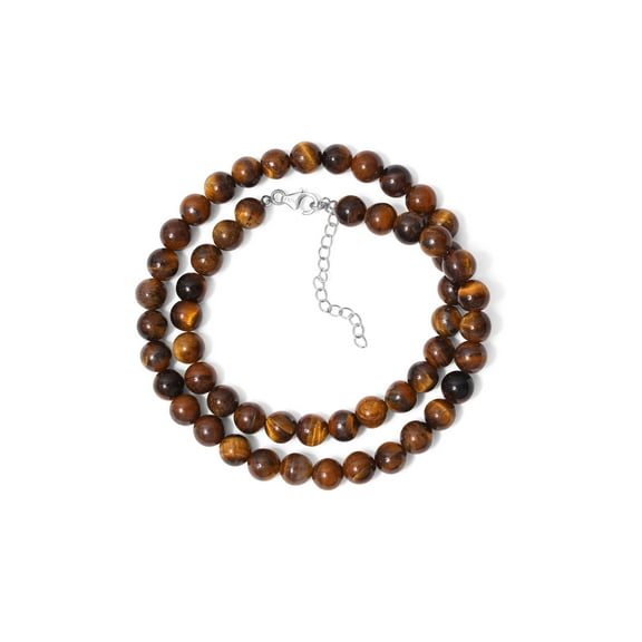 Natural Tiger Eye Bead Necklace with Sterling Silver Clasp and Adjustable Chain, 18 Inch