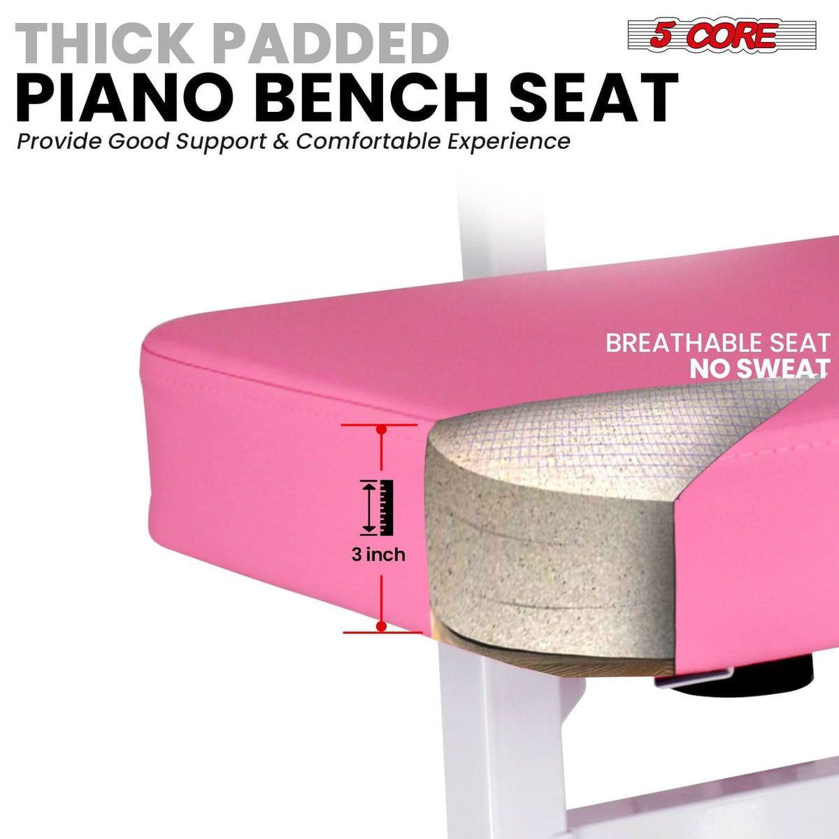 5 Core Piano Bench 3" Padded Cushioned Stool w Backrest Heavy Duty Musician Chair Height Adjustable