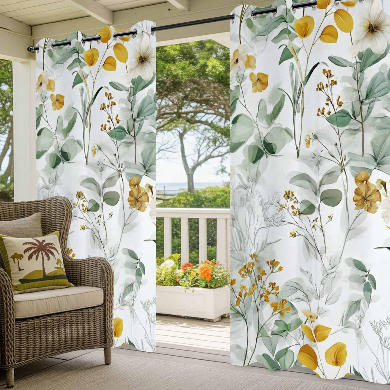 Outdoor Curtains for Patio Waterproof, Spring Flowers Windproof Pravicy Outside Porch Blackout Curtain, Country Green Eucalyptus Leaves Rustic Plants Sun Blocking Grommets Curtains54"x108"