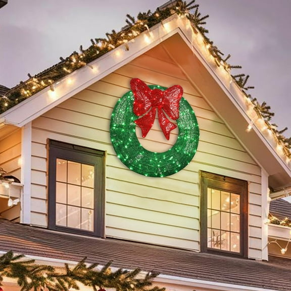 24in Pre-Lit Outdoor Christmas Wreath Decoration, 104 LED Lights Metal Holiday Decor for Home, Bow - Green/Red