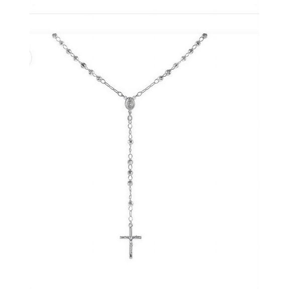 925 Sterling Silver Diamond Cut Italian 4mm Rosary Beads Chain with Cross Necklace 24" Rosario