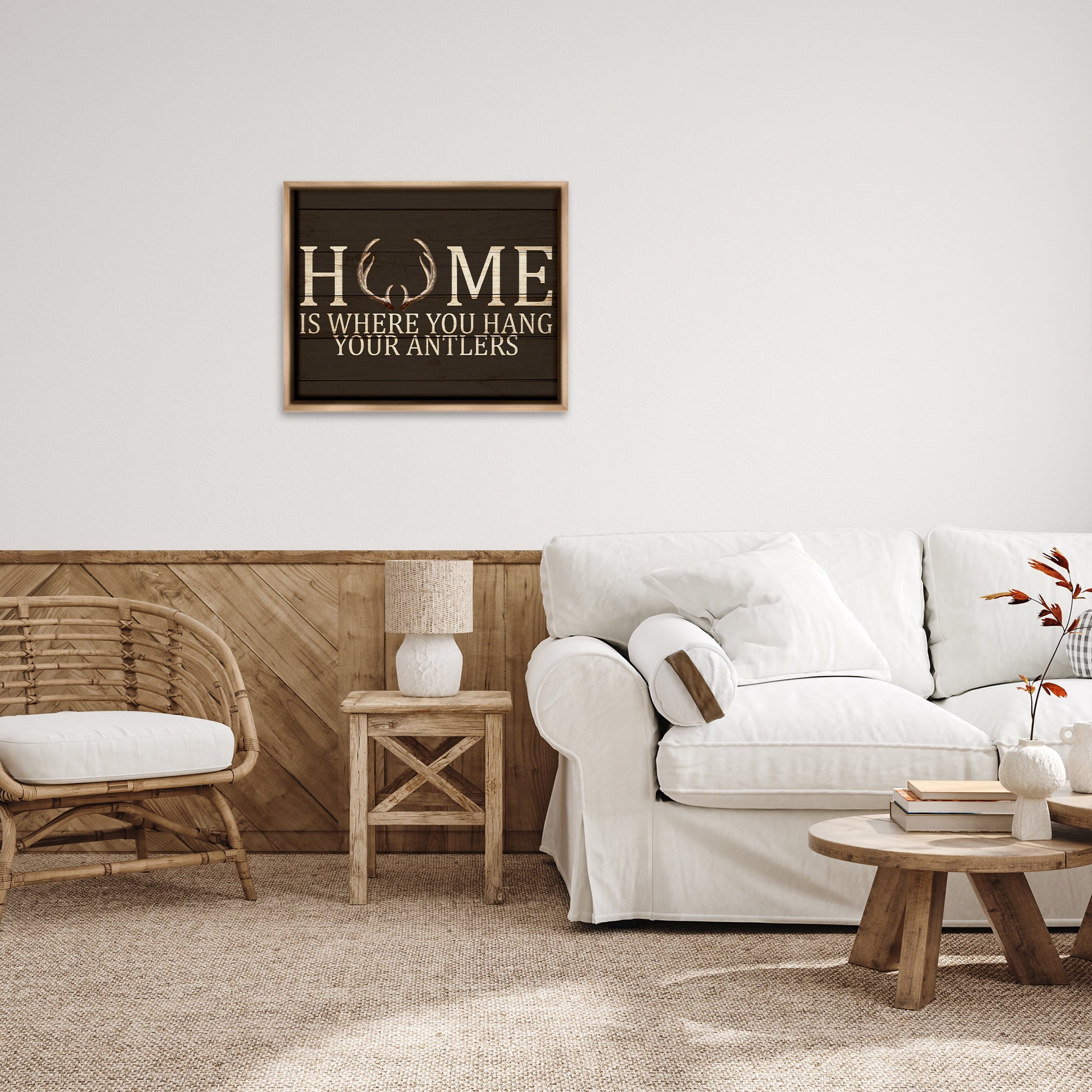 Stupell Industries Hang Your Antlers Rustic Hunting Phrase Inspirational Painting Brown Floater Framed Canvas Art Print Wall Art, 31 x 25