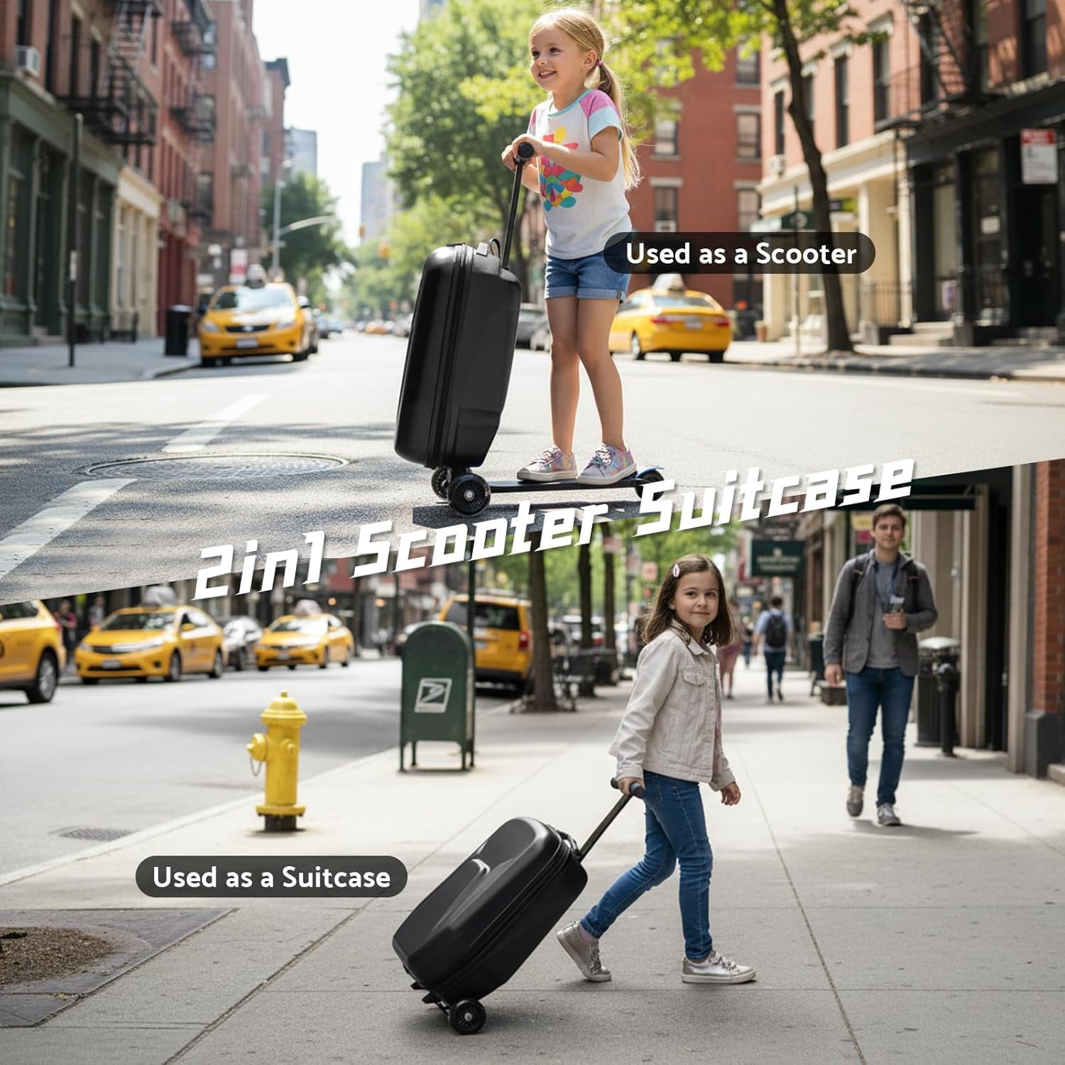 20" Hardshell Scooter Suitcase for Kid & Adult Foldable 2 in 1 Ride on Carry on Travel Trolley Scooter Luggage With Wheels Black