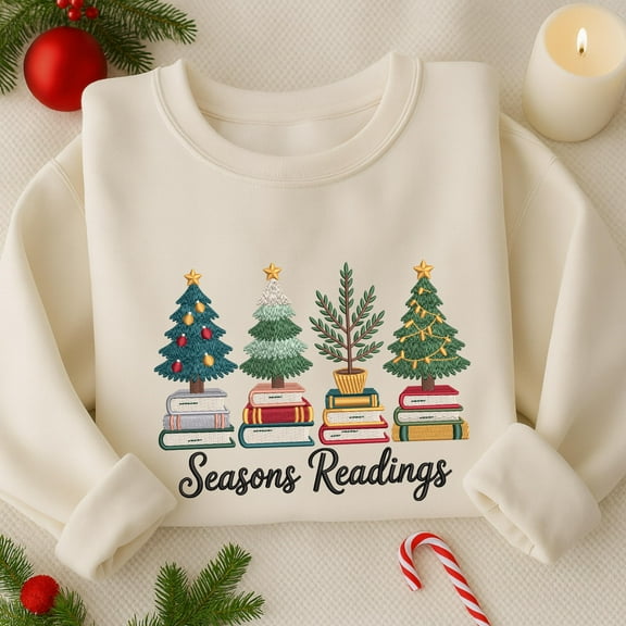 Christmas Tree Book Embroidered Sweatshirt, Seasons Readings Embroidered Shirt, Bookish Shirt, Merry Christmas Shirt, Librarian Gift