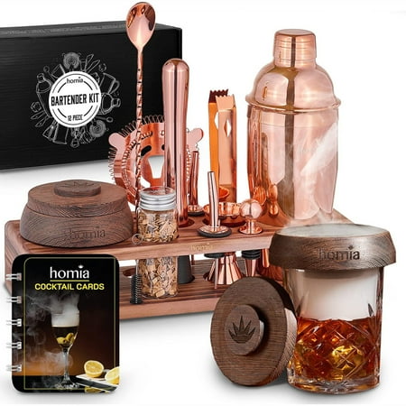 

Bartender Kit With Whiskey Smoker - 13 Pcs Pine Stand - Bar Set With Cocktail Shaker Bartending Kit With Essential Bar Accessory Tools Wood Chips Pink Gold (Torch Not Included)