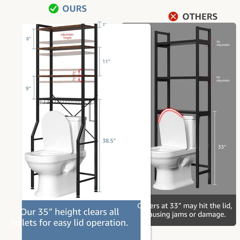Gianna Over Toilet Bathroom Organizer, 4-Tier Adjustable Storage Rack, Space-Saving Shelf for Tight Areas, Brown