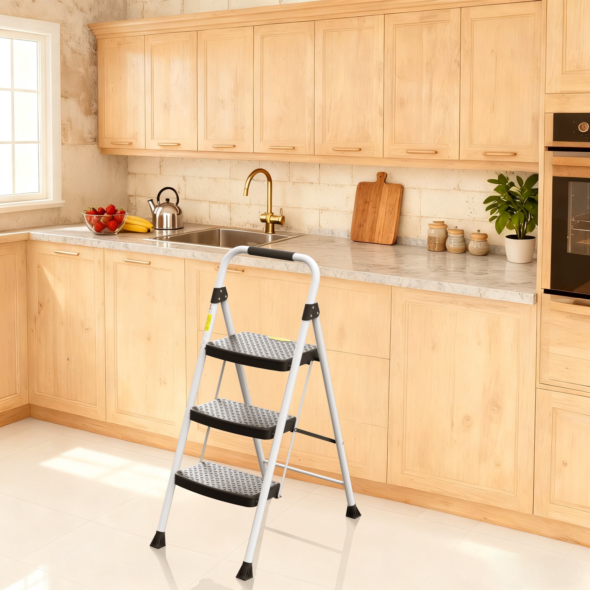 HBTower 3 Step Folding Ladder, Lightweight & Portable Step Stool with Extra-Wide Anti-Slip Pedal & Safety Grip Rail, for Kitchen, Garage & Outdoor, White