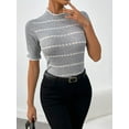 thumbnail image 2 of Ribbed Mock Neck Striped Sweater Top | Half Sleeve Slim Fit Women's Knit Shirt | Comfortable Stretch Knitwear, 2 of 6