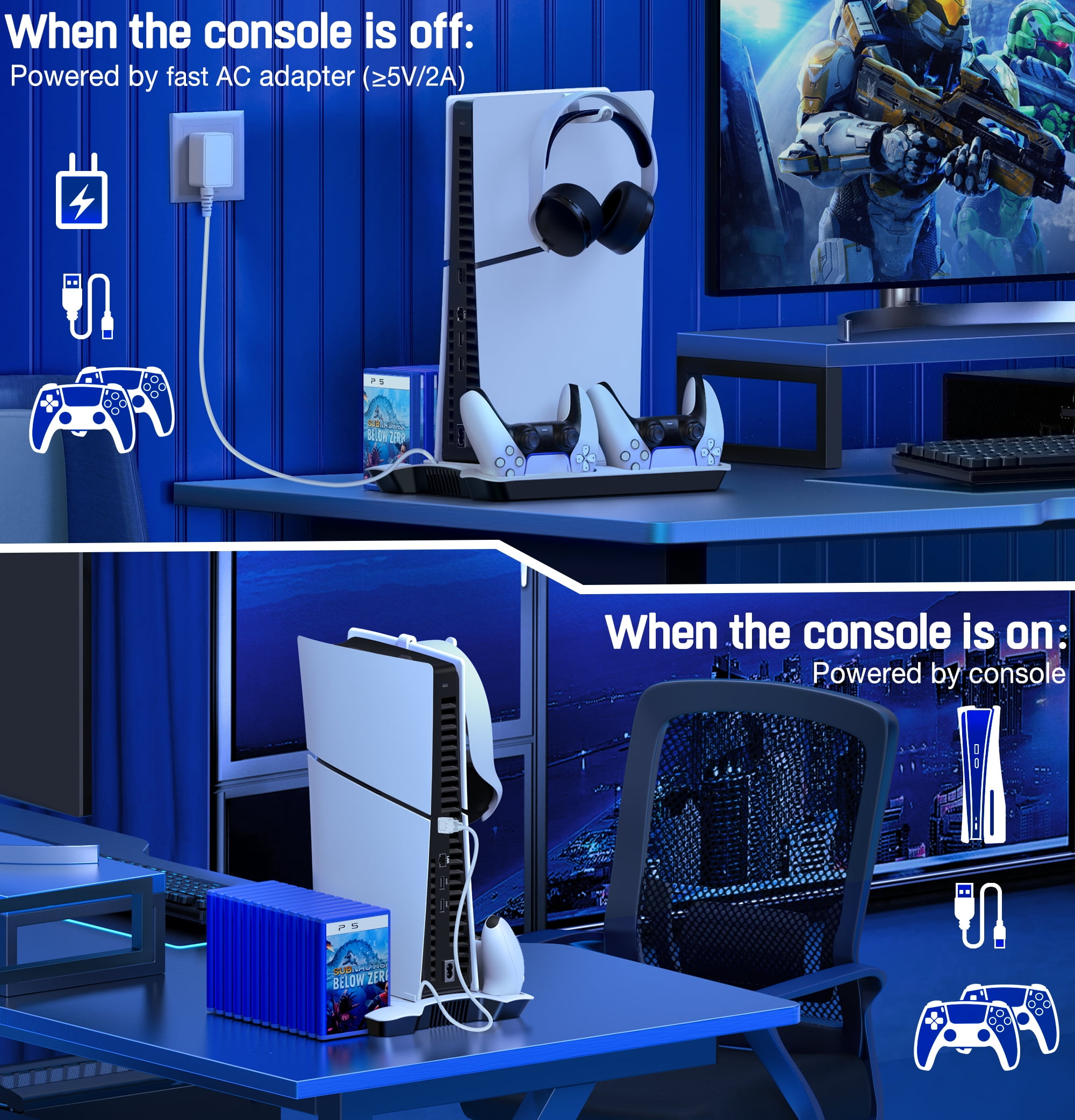 EUROA PS5 Slim Stand and Cooling Station with Controller Charging Station for Playsation 5 Pro/PS5Slim/PS5 Disc Digital Console, PS5 Accessories
