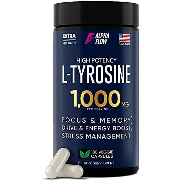 Alpha Flow High Potency L-Tyrosine Capsules, 1000 mg L-Tyrosine Supplement for Focus and Energy Boost, 150 Caps