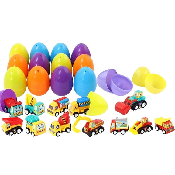 BESTSKY Prefilled Eggs Toy Filled Eggs with Pull Back Construction Vehicles Pom Poms Arts and Crafts Easter Toys for Kids Ages 4-6