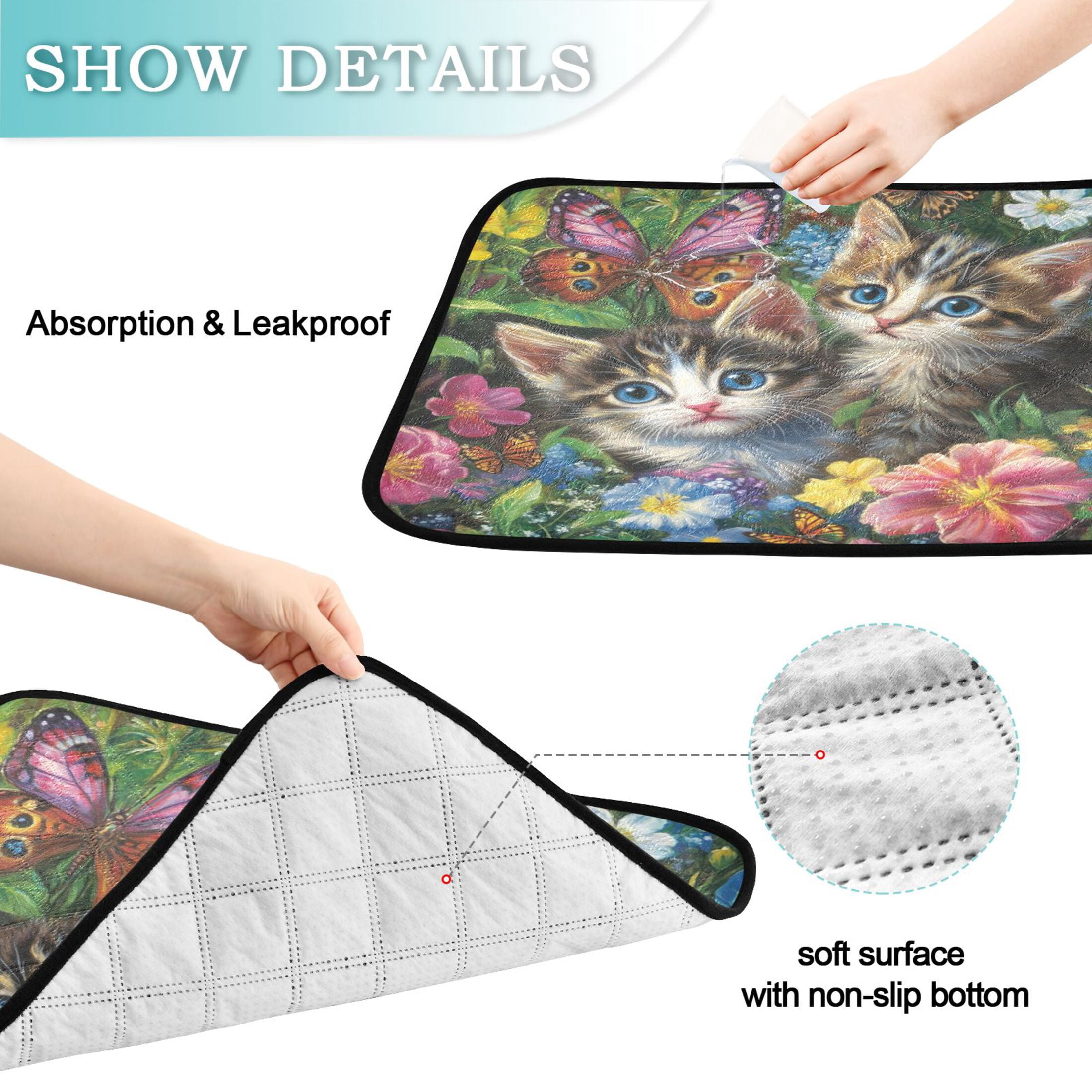 Qxltty Kitten Flower Picture Cat litter Pads Pet Set of 2 Diaper Mats Center Anti-leakage Layer Absorbent Soft and Comfortable