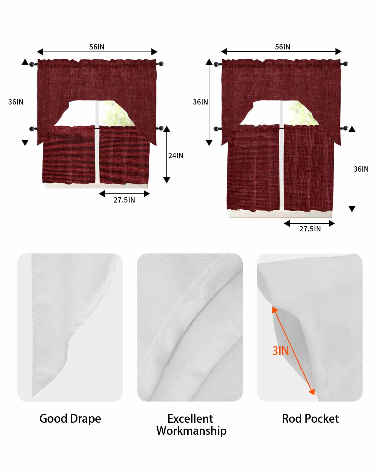 Vintage Dark Red Kitchen Curtains Swag Valance and Tier Curtains Set 24 Inch Length, Farmhouse Retro Solid Color Linen Texture Rod Pocket Drape Panels Pair Swag Curtains for Bathroom/Cafe/Window