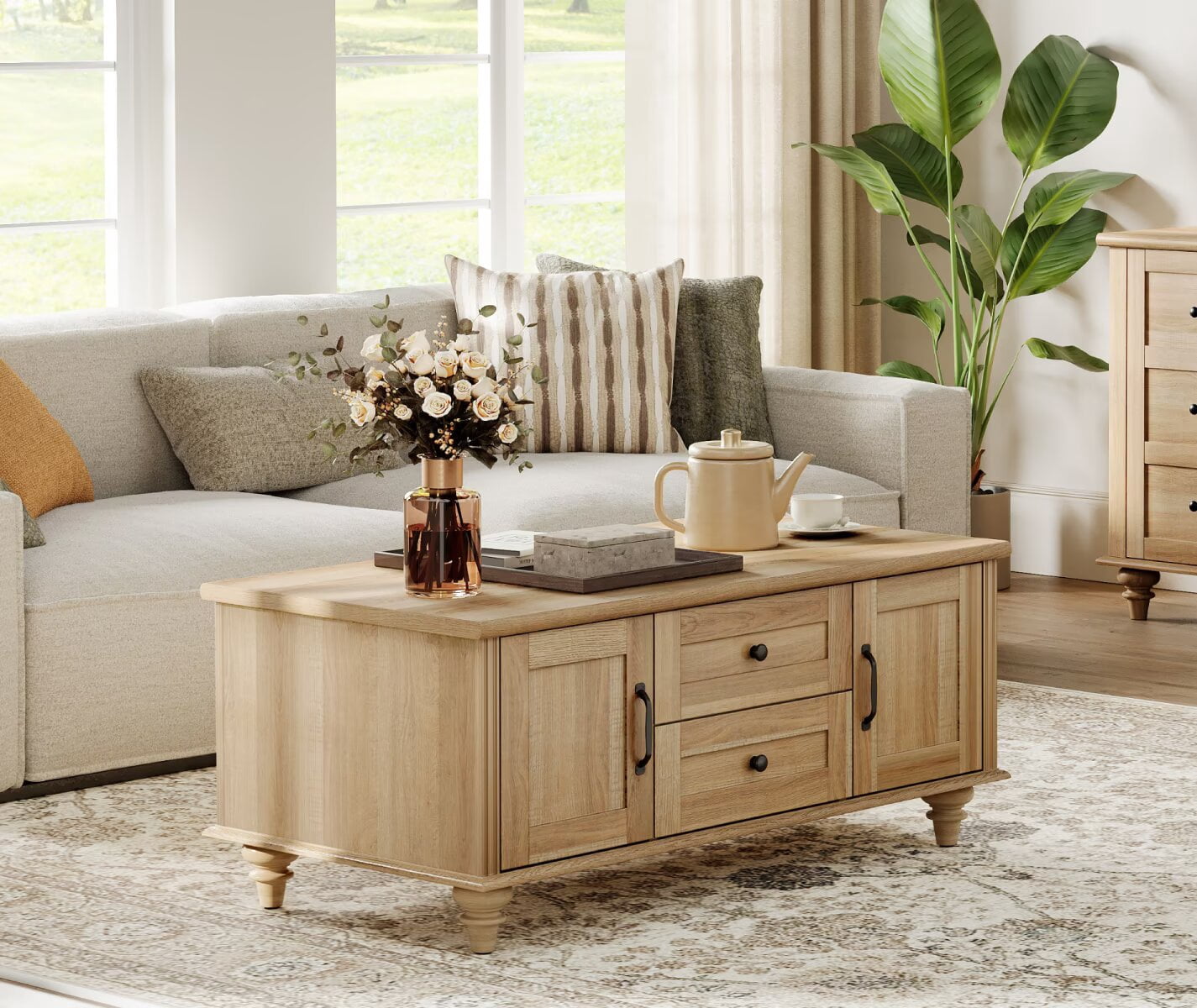 Farmhouse Coffee Table with Cabinet, Rustic Center Table with Hidden Storage Compartment for Living Room, Office, Natural Oak