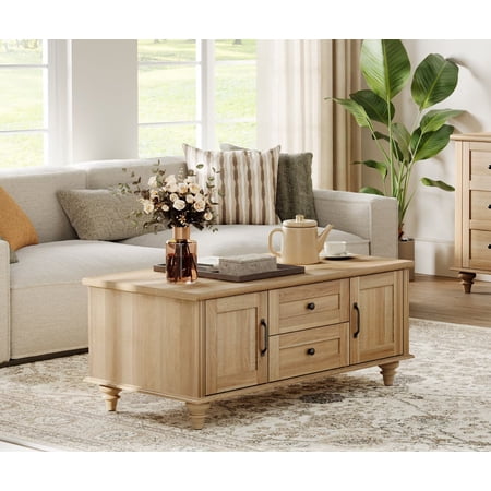 Farmhouse Wooden Coffee Table for Living Room Rectangle Coffee Table with Drawers Oak