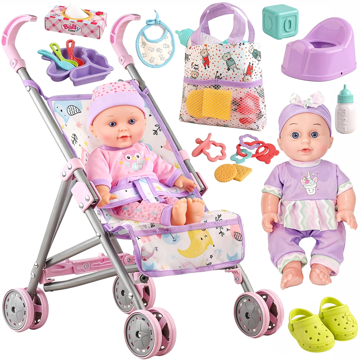 LINXUXIE 16 Pcs Baby Doll Stroller Set, Realistic Pretend Play with 12-inch Doll, Birthday Gifts for Kids 3-5 5-8 Year Old