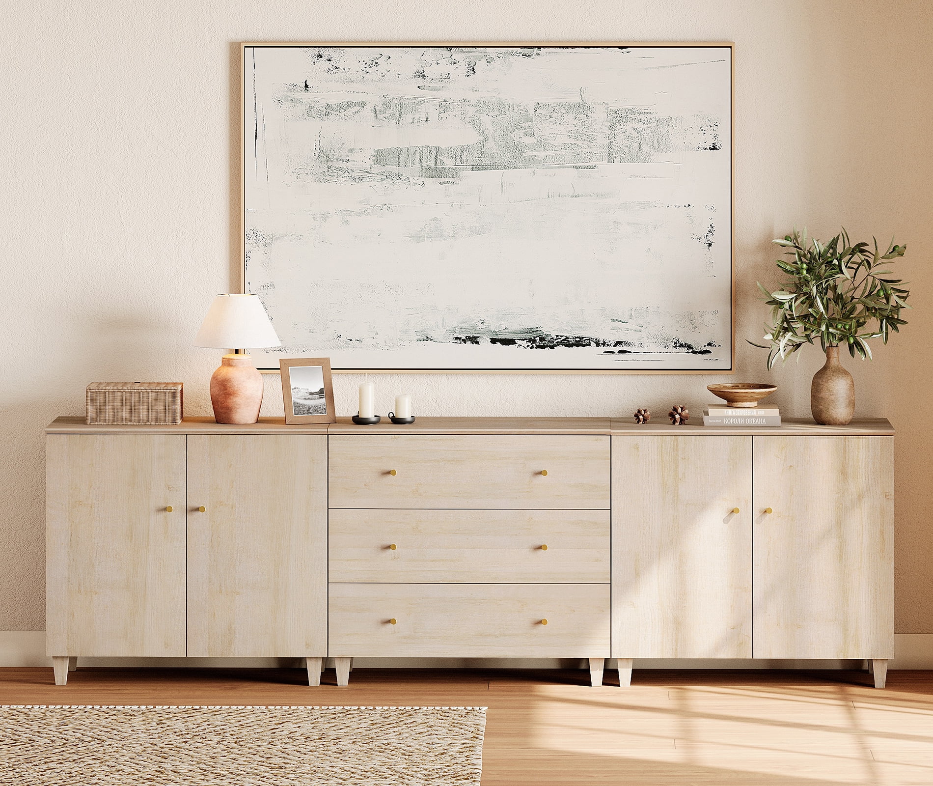 WAMPAT Wood Dresser with 3 Drawers and 2 Cabinets for Bedroom, Modern Chest of Drawer, 106" Wide, Light Oak Wood Finish