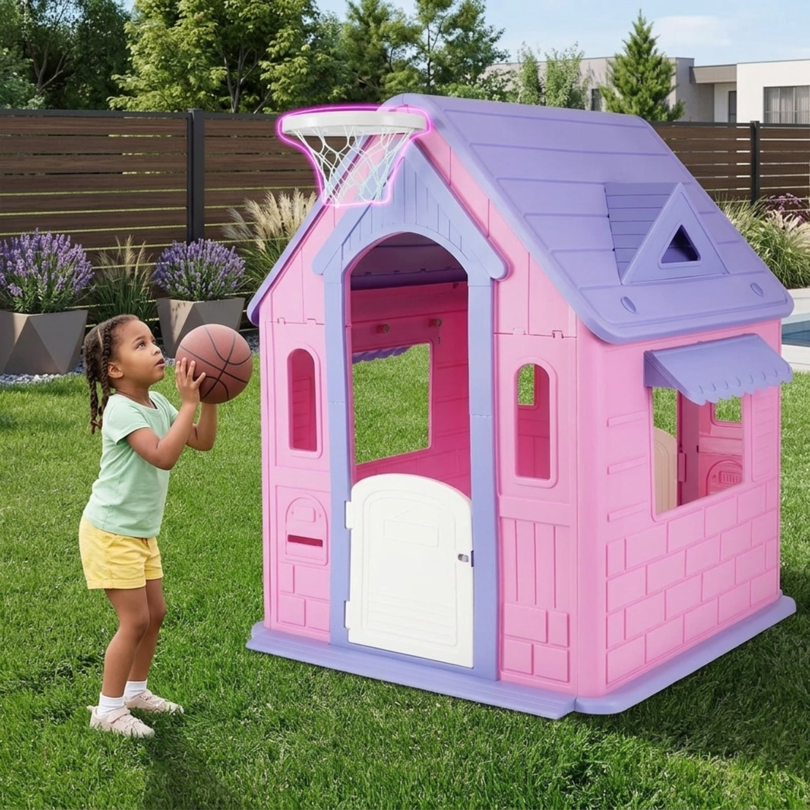 Fenbeli Kids Playhouse with Basketball Hoop, DIY Animal Stickers & Air Pump, Indoor Outdoor Activity Playhouse for Toddlers, Gift for Girls Boys, Pink