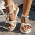 thumbnail image 2 of Womens Wedge Sandals Boho Beaded Espadrilles Elastic Ankle Strap Dressy Summer Beach Vacation Casual Footwear Beige Size 8, 2 of 6