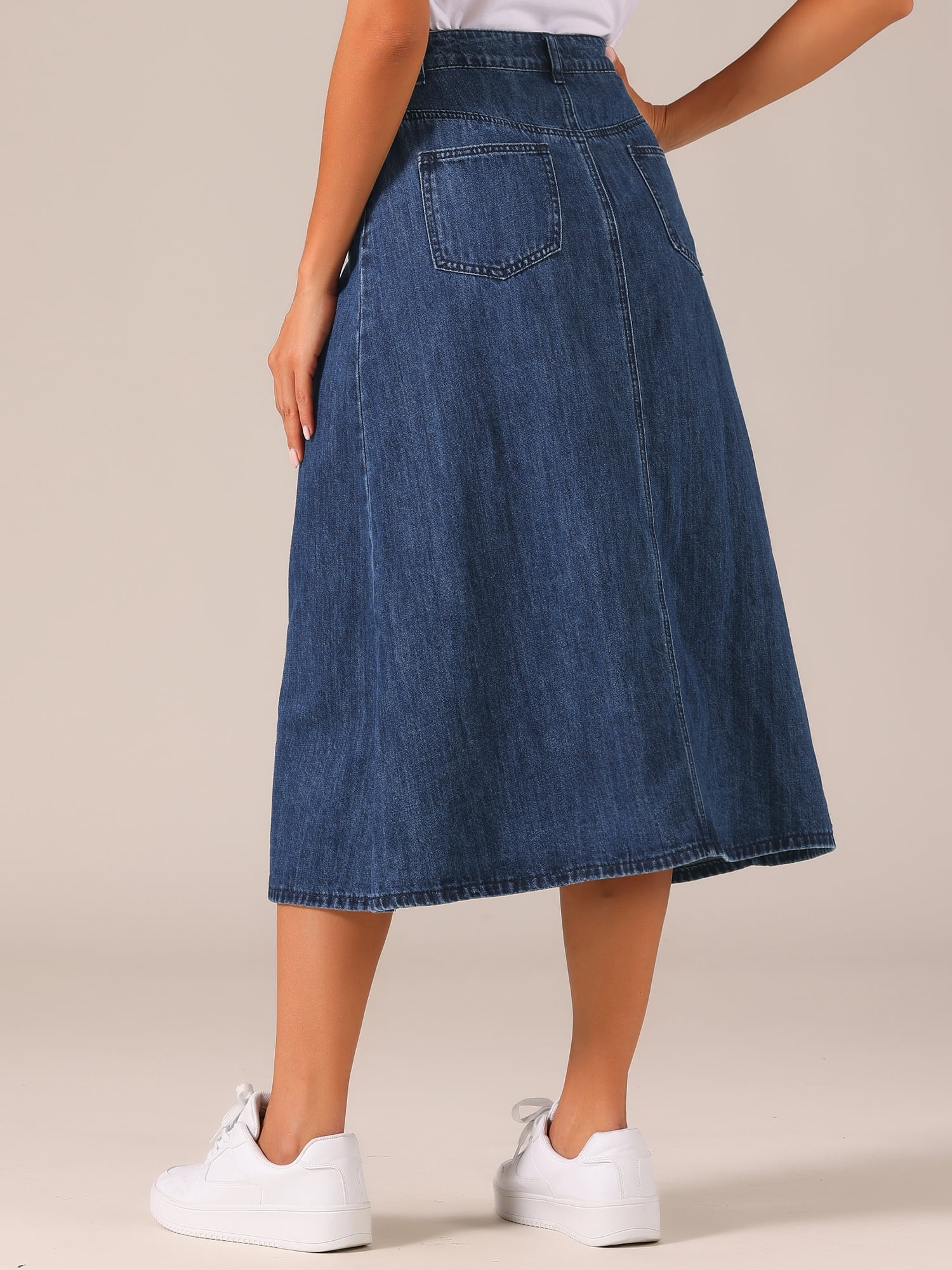 DARING DIVA Women's High Waisted Flap Pocket A-Line Vintage Denim Maxi Skirt M Dark Blue
