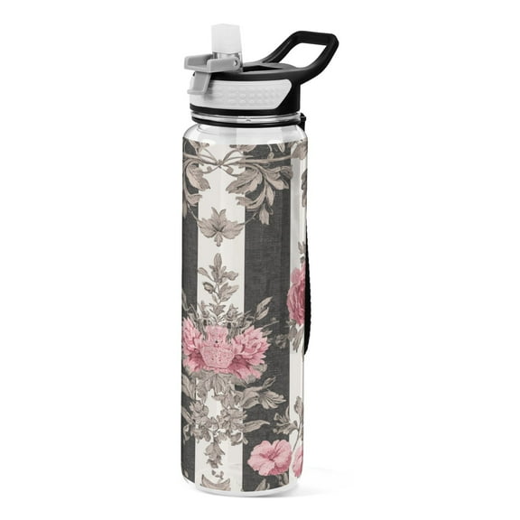 BZSMCE Sport Bottle Black White Stripes Pink Roses Outdoor sports Water Bottle Size: 10.4x3in
