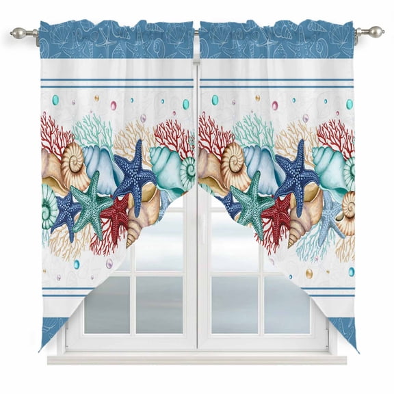 Swag Valance Curtains for Windows, Green Starfish Summer Light Filtering Kitchen Curtains with Rod Pocket, Ocean Coral Conch Blue Shells Window Treatment Valances for Living Room, 36x63 - 2 PCS