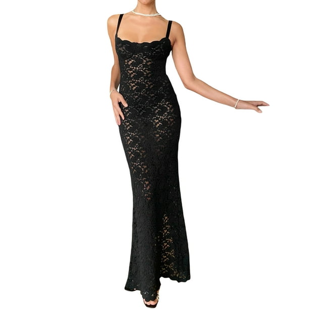 Boiiwant Women 's Y2K Sheer Lace Maxi Dress Sexy Mesh See Through