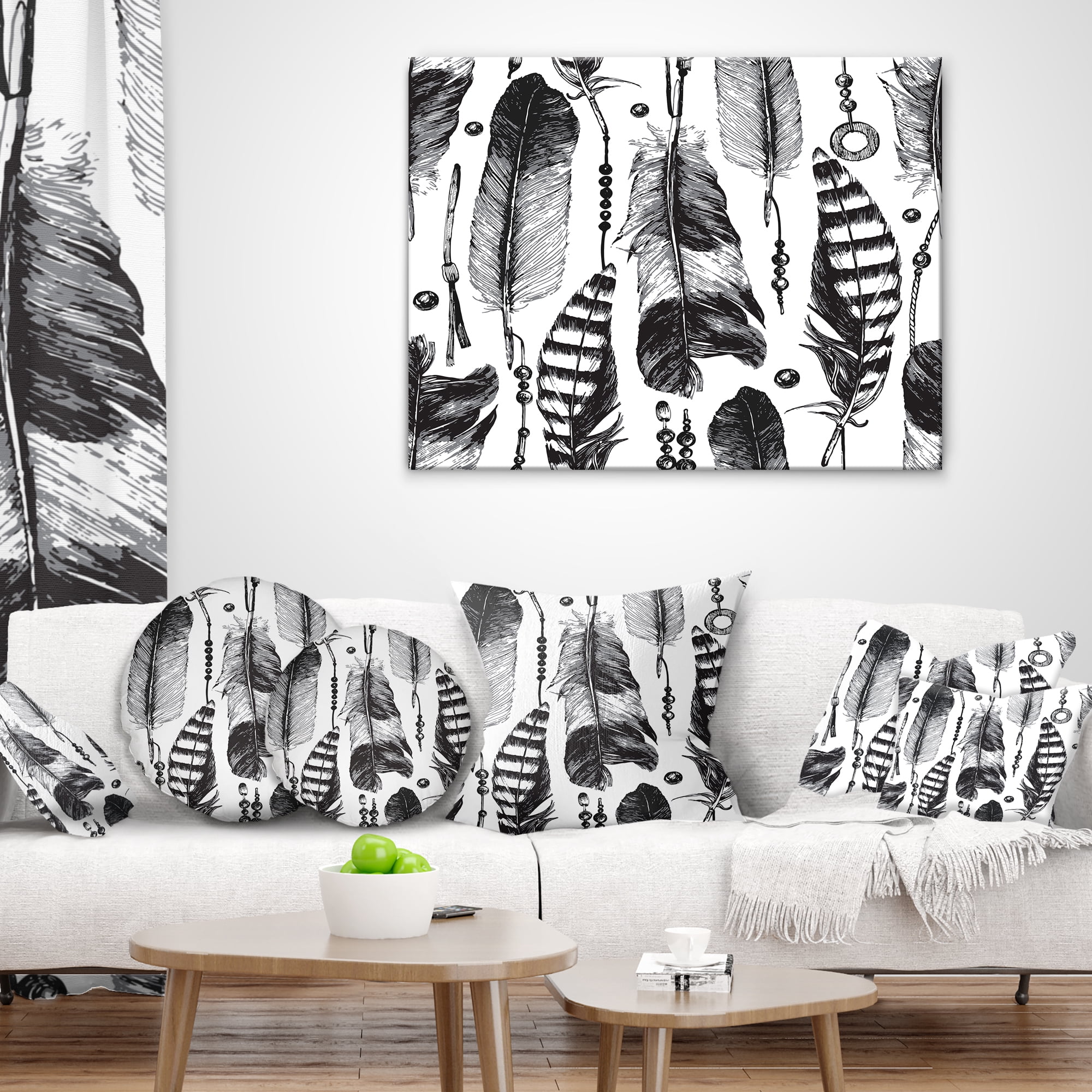Designart Hand drawn Feathers - Abstract Throw Pillow - 16x16