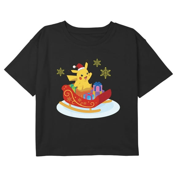 Girl's Pokemon Christmas Pikachu Snowflake Sleigh Graphic Cropped T-Shirt Black Small