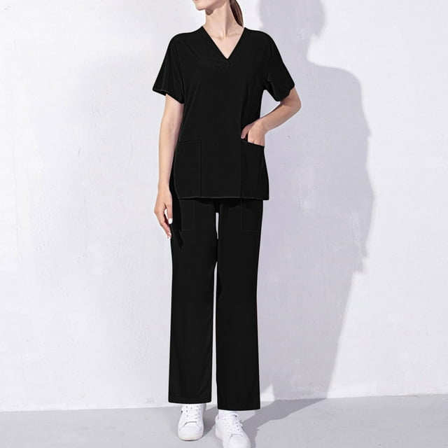 BADHUB Scrub Set for Women Clearance Classic Solid Color V-Neck Scrubs Top Shirts & Straight Leg Pants Nursing Uniform Scrub Set Holiday Deals