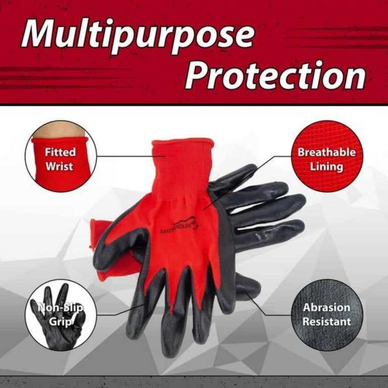 Safe Handler Nitrile Grip Work Gloves, Abrasion Resistant, Red