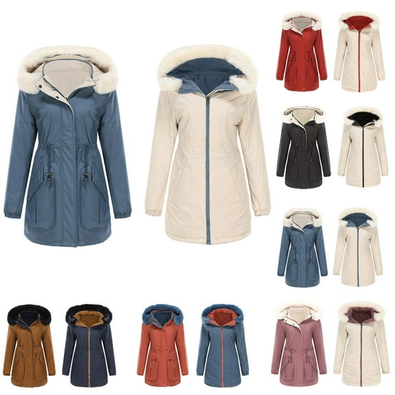 Agkizg Women Fall Winter Jackets Reversible Warm Cottons Padded Jacket Removable Hood Long Sleeve Zip Up Thick Casual Outerwear