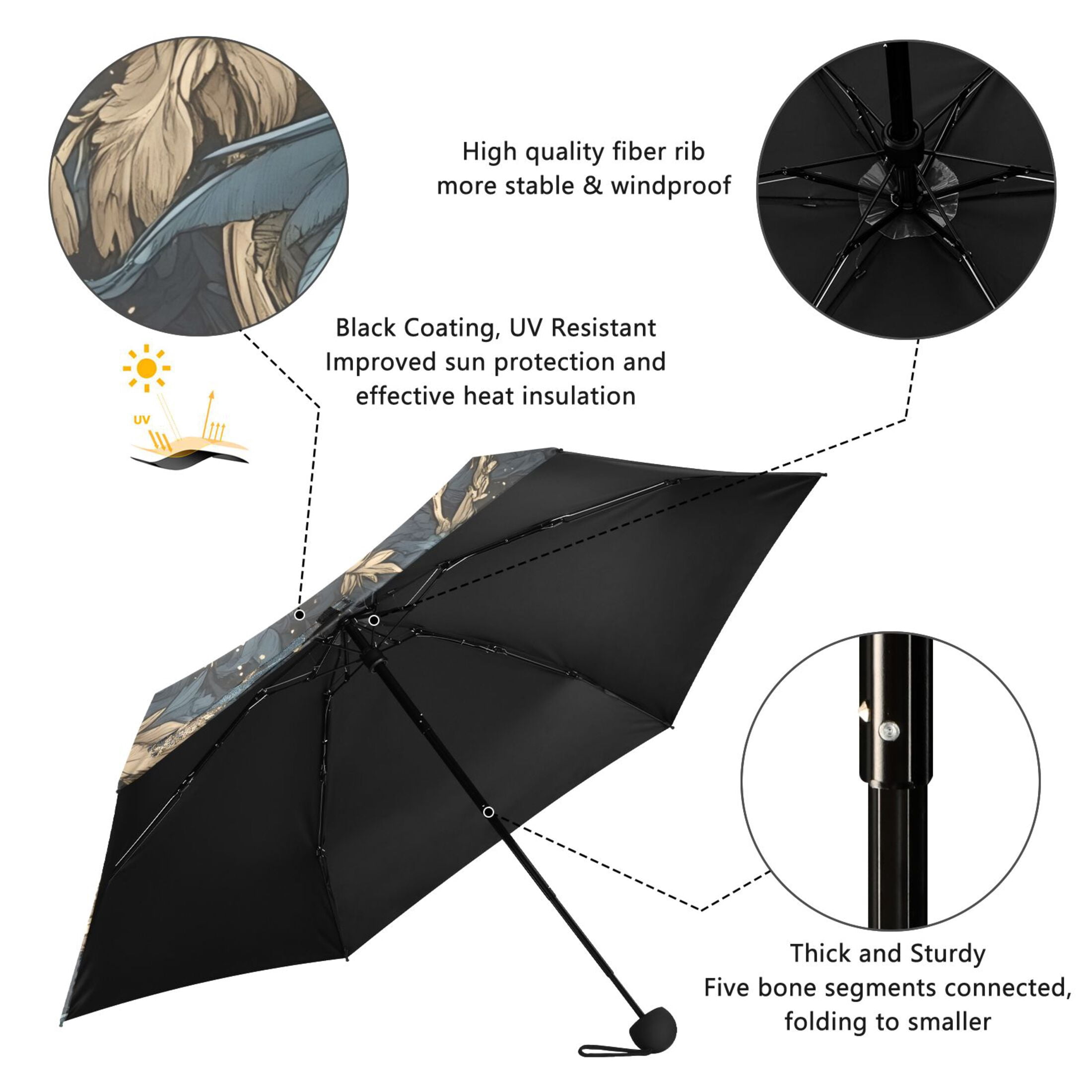 Epiphyllum and Crow Umbrellas for Sun Auto Open Close UV50+ Waterproof 5-Fold Compact Fiberglass Frame