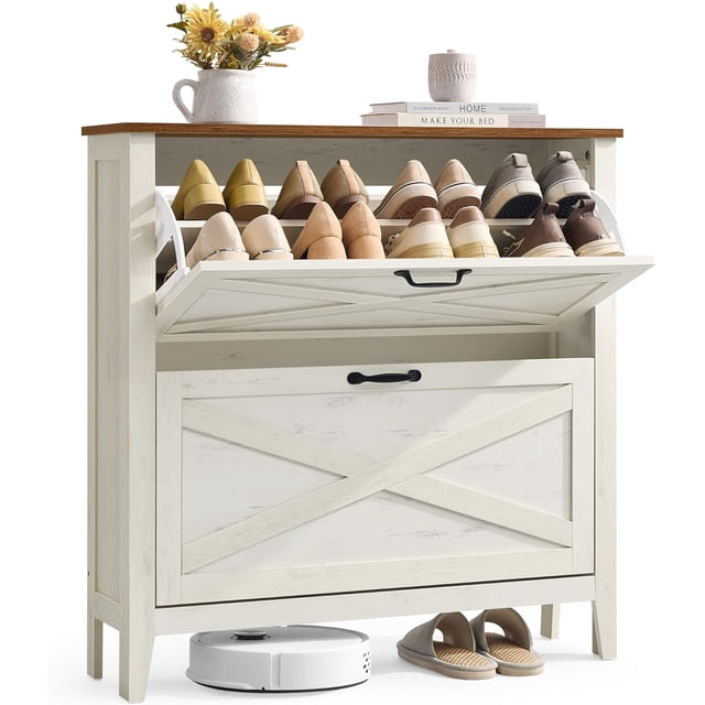 Collection - Shoe Storage Cabinet Organizer with Flip Drawers Freestanding Narrow Shoe Rack Cabinet for Entryway Farmhouse Style Fits to Pairs Rustic