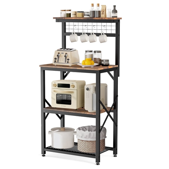 Capri Kitchen Bakers Rack with Storage Shelves and 4 Hooks, Small 4 Tiers Coffee Bar Table, Freestanding Microwave Stand, Kitchen Storage Shelf Rack for Spices, Pots and Pans, Rustic Brown