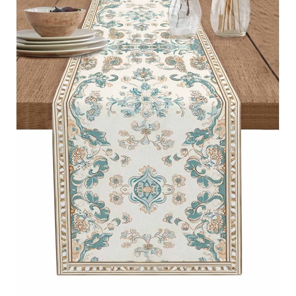 Retro Boho Table Runner 36 Inches, Farmhouse Ethnic Nation Abstract Flowers Bed Runner Dresser Scarves Tabletop for Indoor Outdoor Parties/Ceremony/Banquet, 13"x 36"