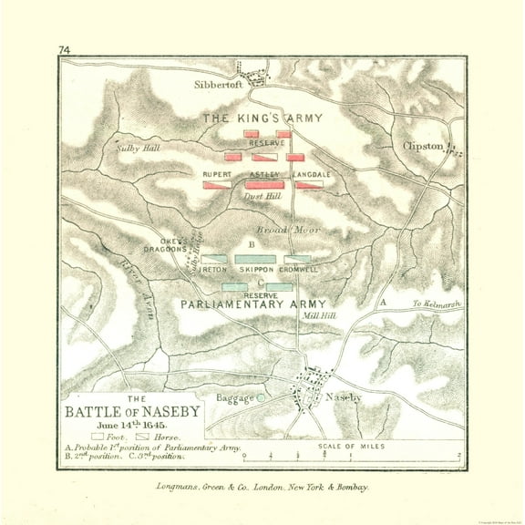 Historic War Map - England Naseby Battle 1645 - Gardiner 1902 - Vintage Wall Art