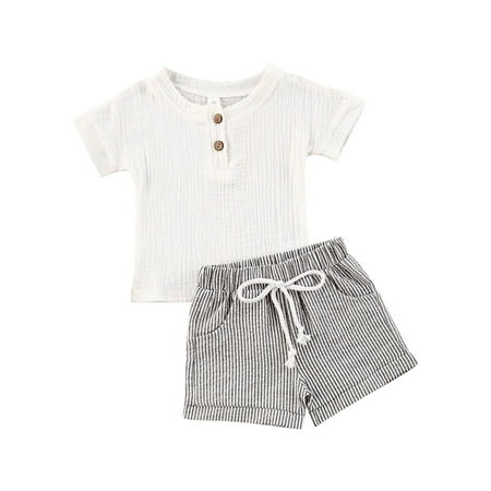 

LisenraIn Infant Baby Boys Girls Sets Button T Shirts Tops Striped Pants