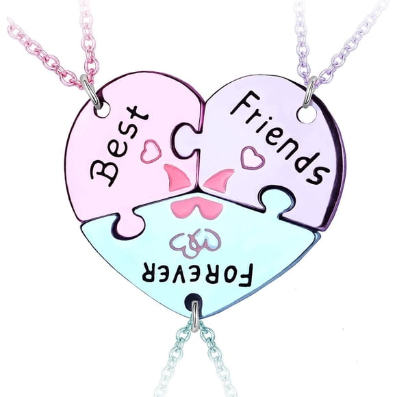 Pwsap Best Friends Forever Necklaces for 3 BFF Puzzle Heart Necklaces Friendship Matching Necklaces Birthday Valentine Jewelry Gift for Girls Women Kids Mother Friends Sisters Purple/Pink/Blue