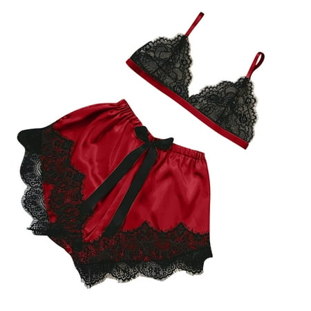 

Binmer Women Shorts V-Neck Eyelash Lace Sexy Stain Camisole Pajamas Bowknot Shorts Set