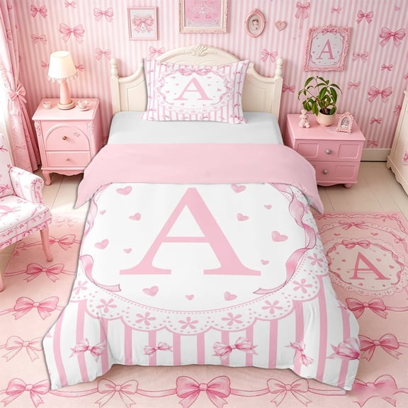 Meiyoeat Watercolor Letter A Print Twin Duvet Cover, Cute Stripes Bow Pattern Twin Bedding, Pink White,2pcs,No Comforter,Pink Reversible