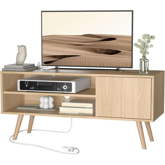 ZALIX TV Stand for 48 Inch TV, Mid Century Modern Entertainment Center with Storage Cabinet, TV Media Console with Charging Station for Living Room, Bedroom, Oak