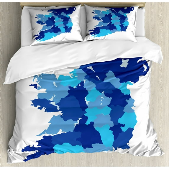 Ireland Map Duvet Cover Set King Size, Monochrome Interpretation of Country Map Informational Image, Decorative 3 Piece Bedding Set with 2 Pillow Shams, White Blue and Dark Blue, by Ambesonne