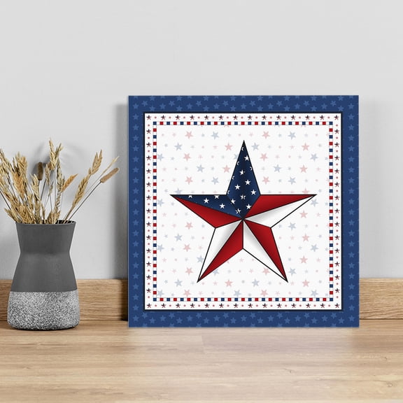 4th of July Wall Art Painting on Canvas, Independence Day Blue Board Star Canvas Art Home Prints Wall Art Framed Modern Artwork for Living Room Bedroom Wall Decor 8x8in
