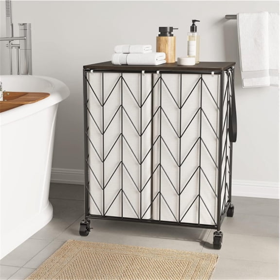 Heavy Duty Laundry Hamper with Wood Lid, Clothes Hamper with Divided Removable Liner Bag, Large Capacity Iron-Made Laundry Sorter Laundry Room Organization